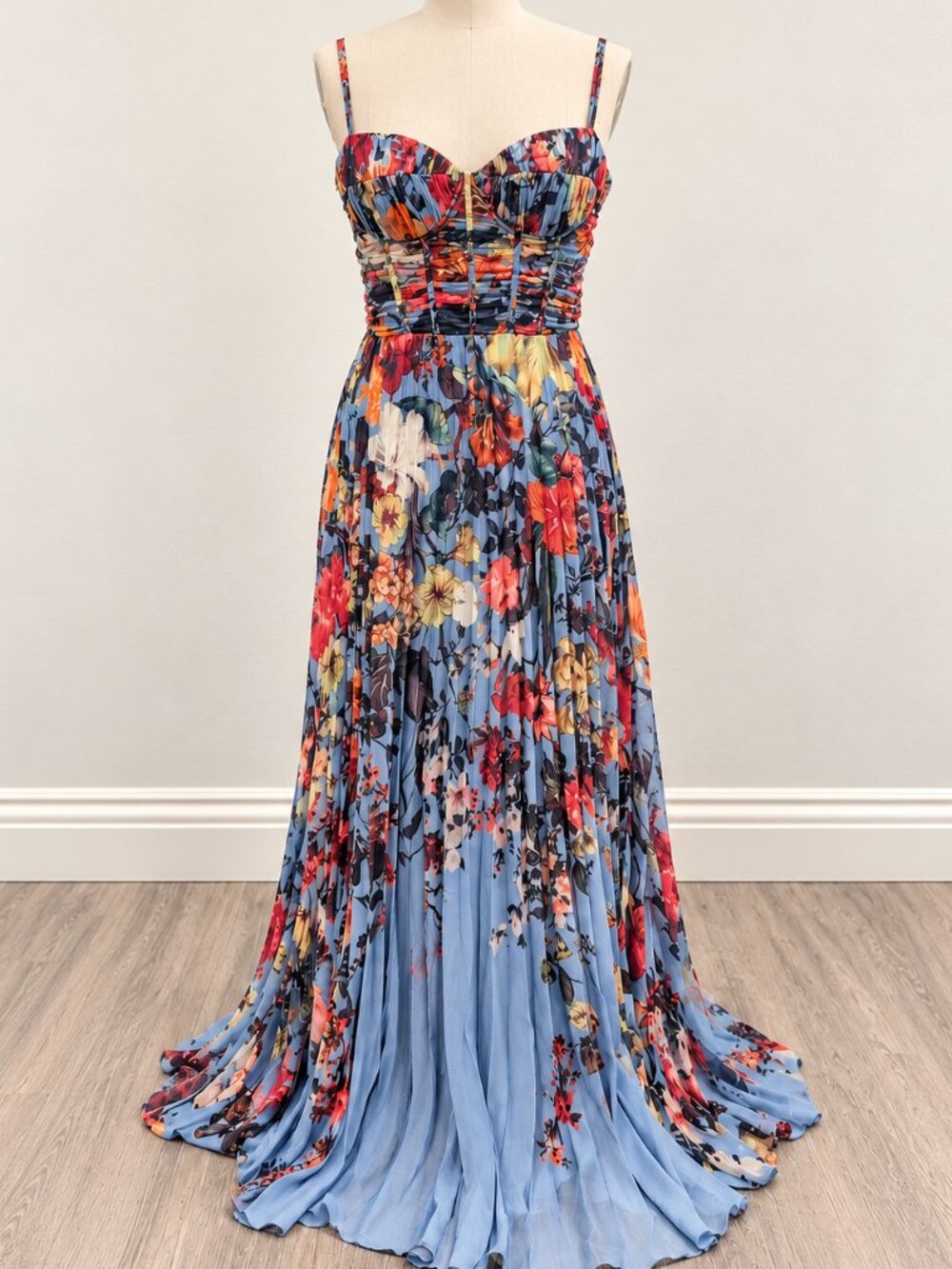 AQUA Floral Pleated Maxi Dress Size L Multicolor Bustier Style